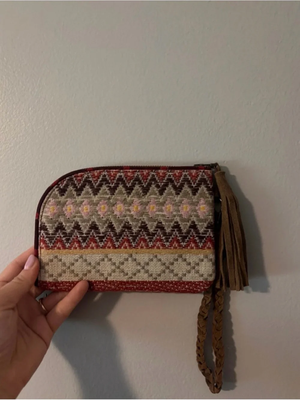 Noonday Collection Maroon & Brown Woven Wristlet Clutch